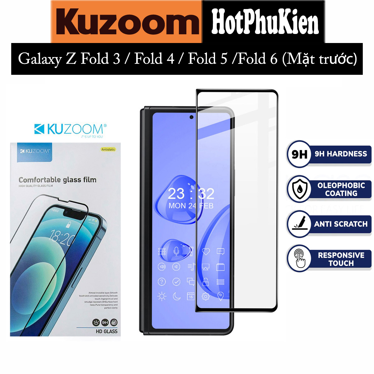 Miếng dán kính cường lực màn hình trước cho Samsung Galaxy Z Fold 3 / Z Fold 4 full 9D hiệu HOTCASE Kuzoom Protective Glass - mỏng 0.3mm, vát cạnh 2.5D, độ cứng 9H, viền cứng mỏng chống vỡ cạnh - Hàng nhập khẩu