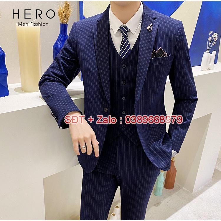 Bộ Vest Nam Cao Cấp màu Xanh than Kẻ sọc, Suit Nam Hàn Quốc Chất Vải Sịn, Quần có tăng chỉnh size
