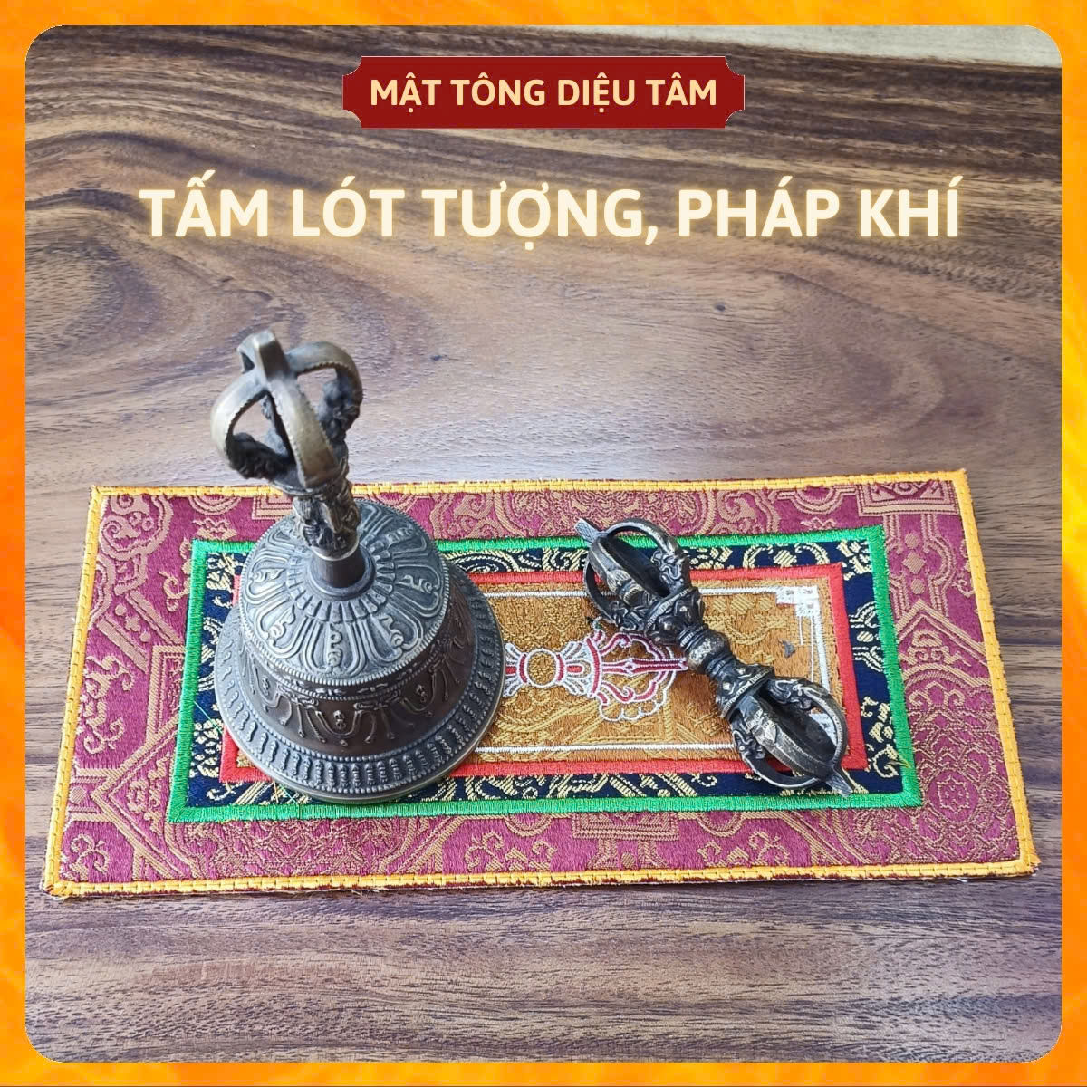 Tấm lót tượng, pháp khí Khăn kê chuông chày kim cang chữ nhật biểu tượng pháp luân và chùy kim cang Mật Tông Diệu Tâm
