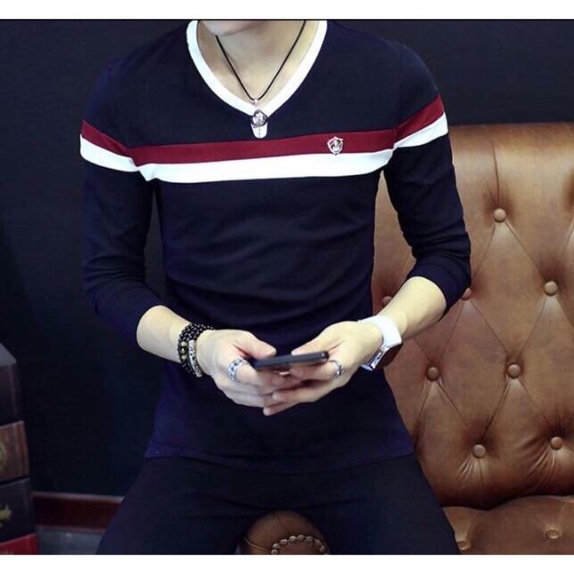 Áo thun tay dài sọc 3 màu cổ tim thời trang nam