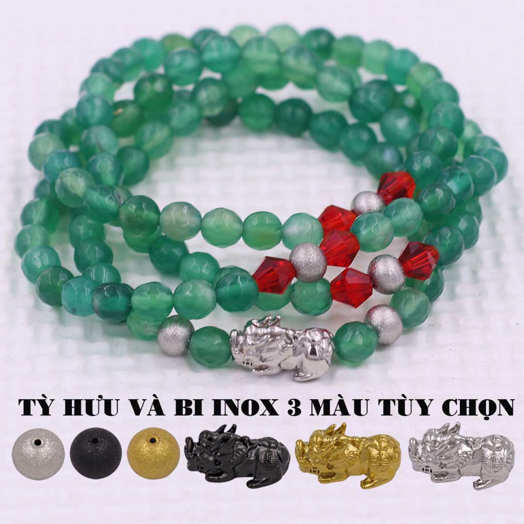 Vòng chuỗi 108 hạt đá Thạch anh Xanh lá Cắt giác charm tỳ hưu inox - Chuỗi hạt 6 ly, 8 ly - Vòng chuỗi niệm Phật Bình an, may mắn - Hợp mệnh Hỏa, Mộc