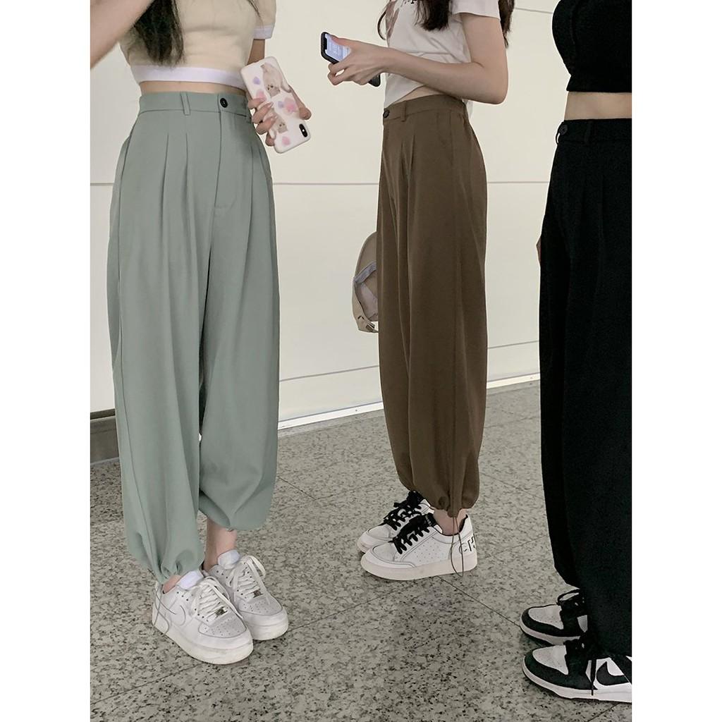 Quần jogger nữ freesize Cheapy chất đũi đen xanh nâu cạp cao lưng chun ống rộng bo gấu thời trang nam nữ