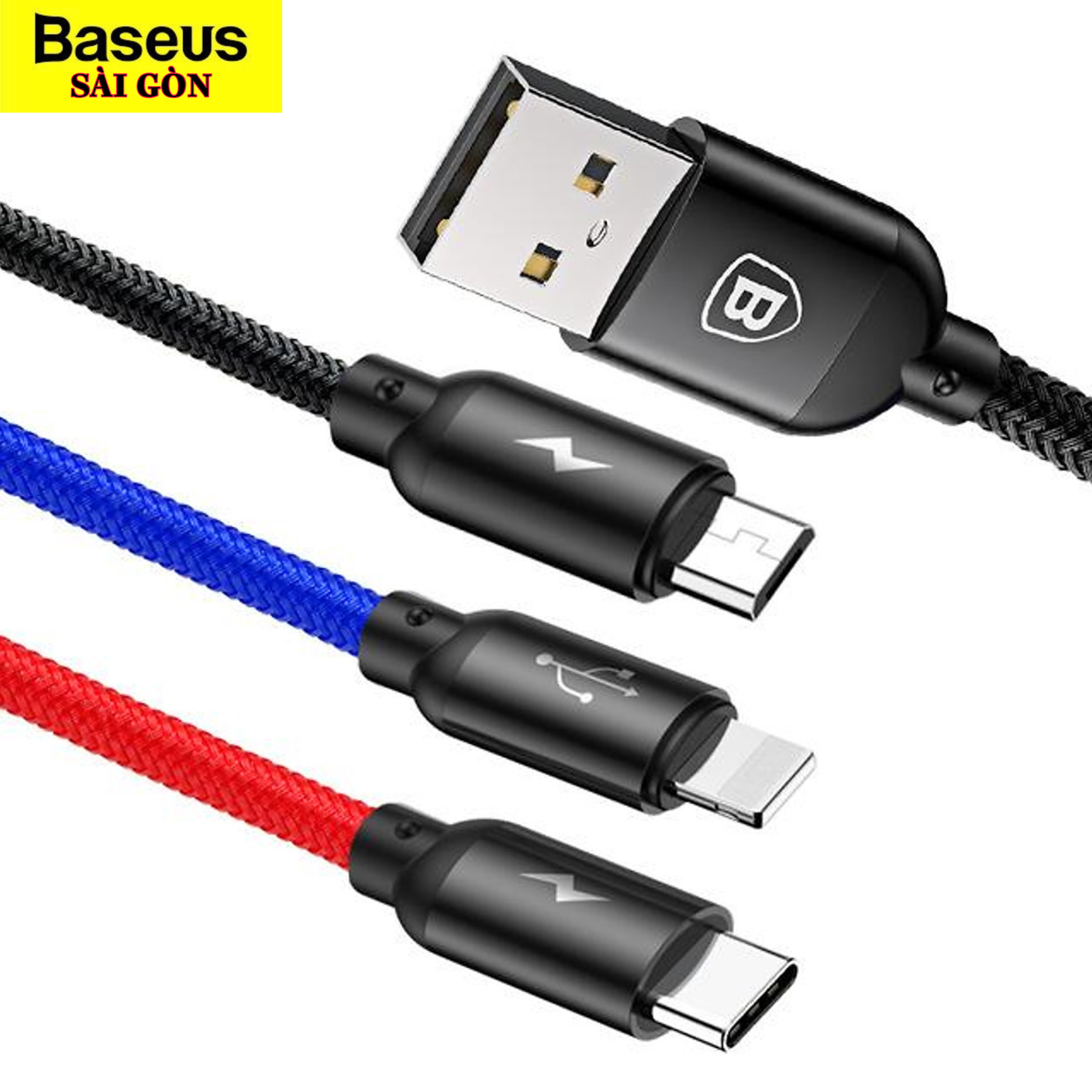 Cáp sạc 3 đầu và truyền dữ liệu tốc độ cao Baseus Three Primary Colors 3 in 1 cable CAMLT-BSY (USB to Type C/ Micro/ Light-ning Fast Charging Cable, 3.5A)- Hàng chính hãng