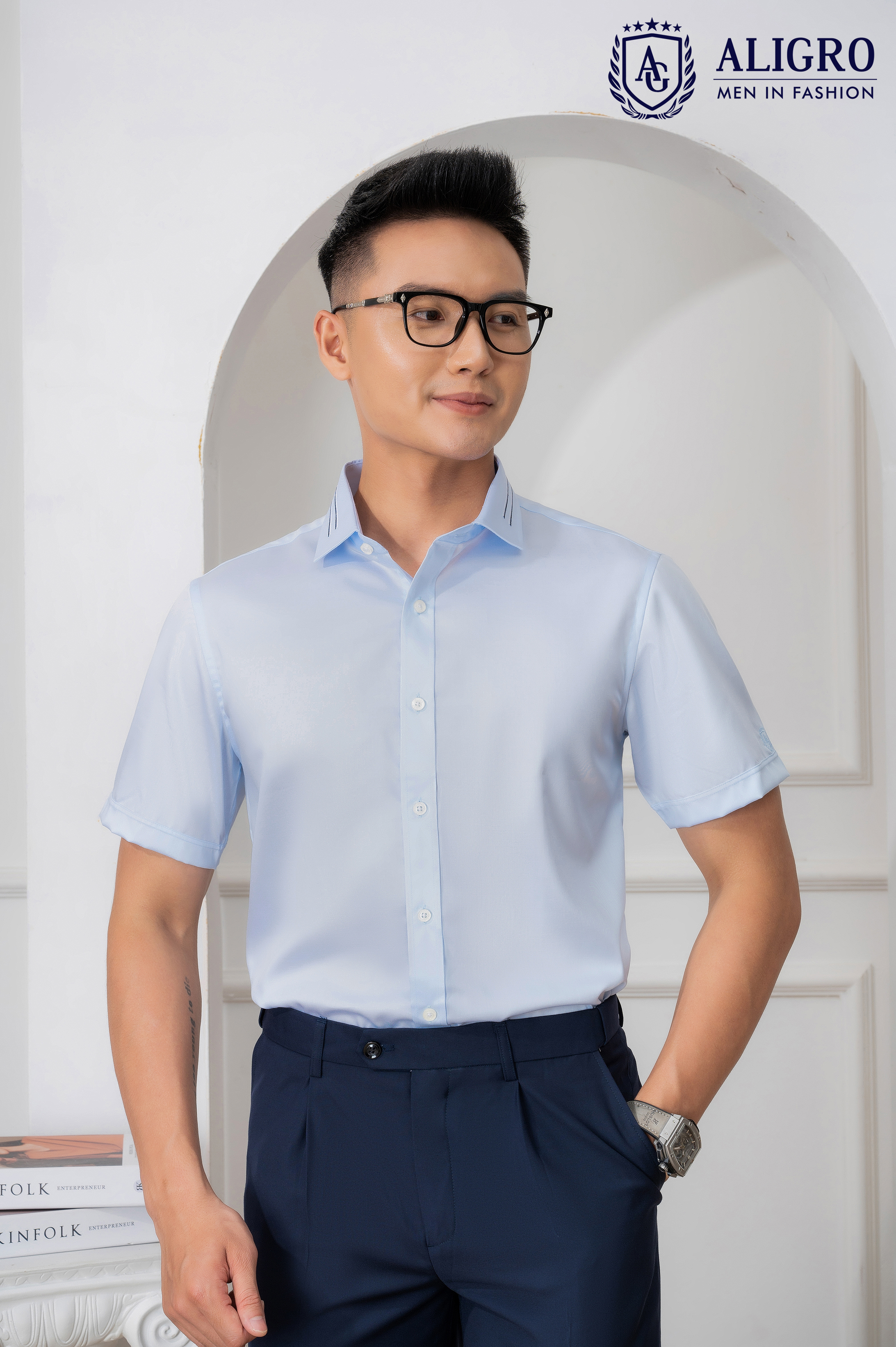 Áo sơ mi nam ngắn tay ALIGRO màu xanh vải cotton chống nhăn, kháng khuẩn cao cấp form slim vừa công sở ALGS-C114