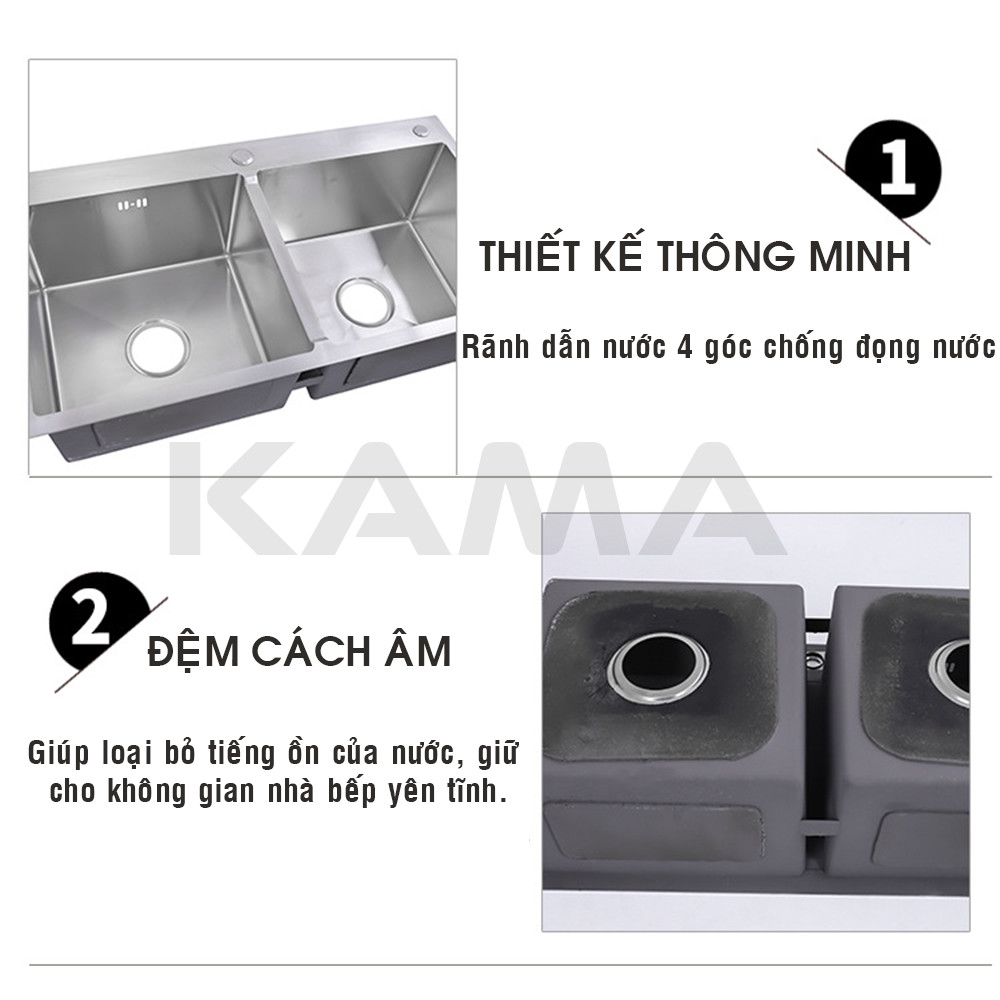 Chậu Rửa Chén Inox 304 Chính Hãng KAMA, Chậu Rửa Chén Bát Hai Hố Cân Kích Thước 8245, 7843 chuẩn inox 304, đúc dày dặn