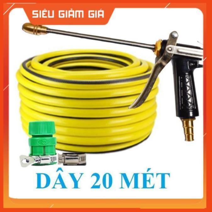 Bộ dây vòi xịt nước rửa xe, tưới cây . tăng áp 3 lần, loại 20m 206318 đầu đồng, đai, nối