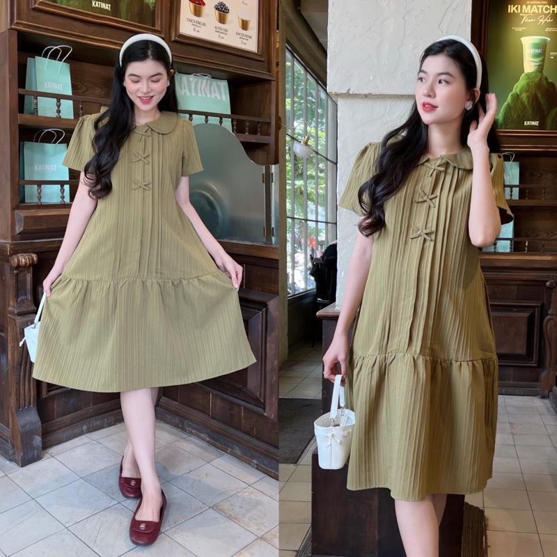 Đầm bầu cổ sen đính nơ dễ thương form đuôi cá gọn dáng, thanh lịch chất xốp Hàn Váy bầu dễ thương - Xanh đen