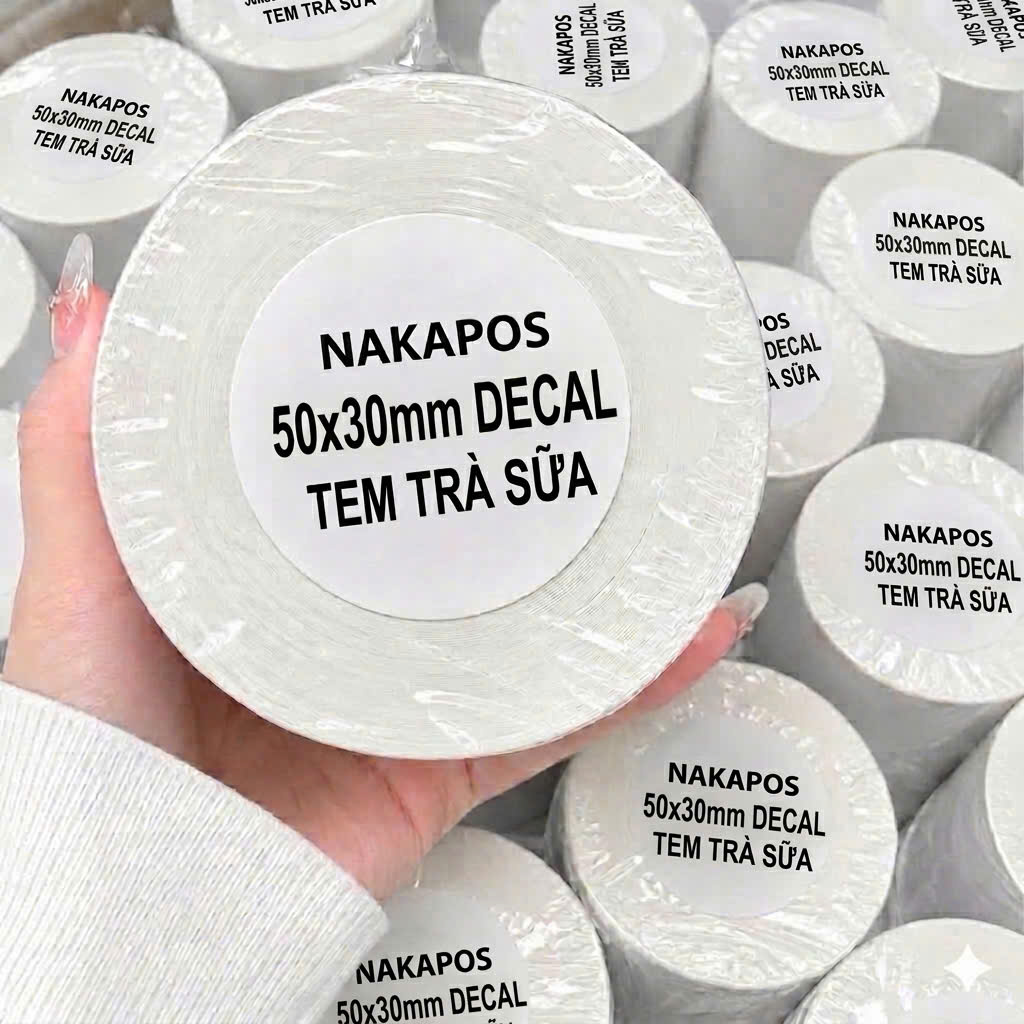 Giấy Decal nhiệt 50x30 mm x 30m, Decal Trà sữa 50x30 mm x 30m, Giấy in mã vạch tem nhãn, tem phụ 50x30 mm x 50m