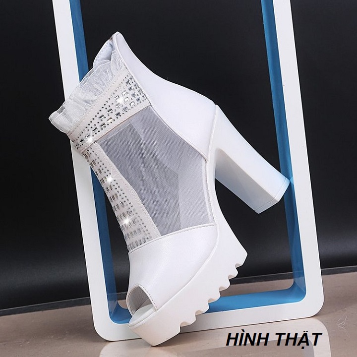 [TRỢ SHIP_GIÀY XỊN] Giày bốt nữ, boots cao gót gót vuông 10 phân chunky hở mũi phối lưới S055