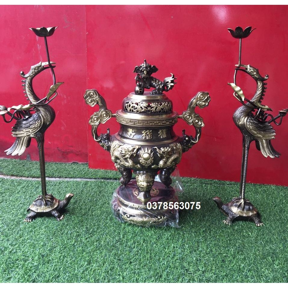Bộ đỉnh rồng tam sự nặng 15,8kg bằng đồng vàng hun giả cổ cao 50cm
