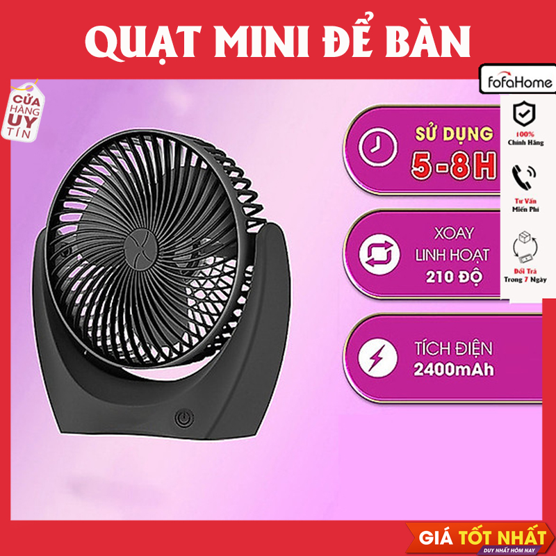 Quạt Tích Điện Mini Pin 10H, 2-3 Tốc Độ Gió Mát, Xoay Linh Hoạt 210 Độ Không Tiếng Ồn