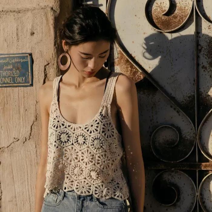 MS584 Áo ba lỗ đan móc đi biển lục giác