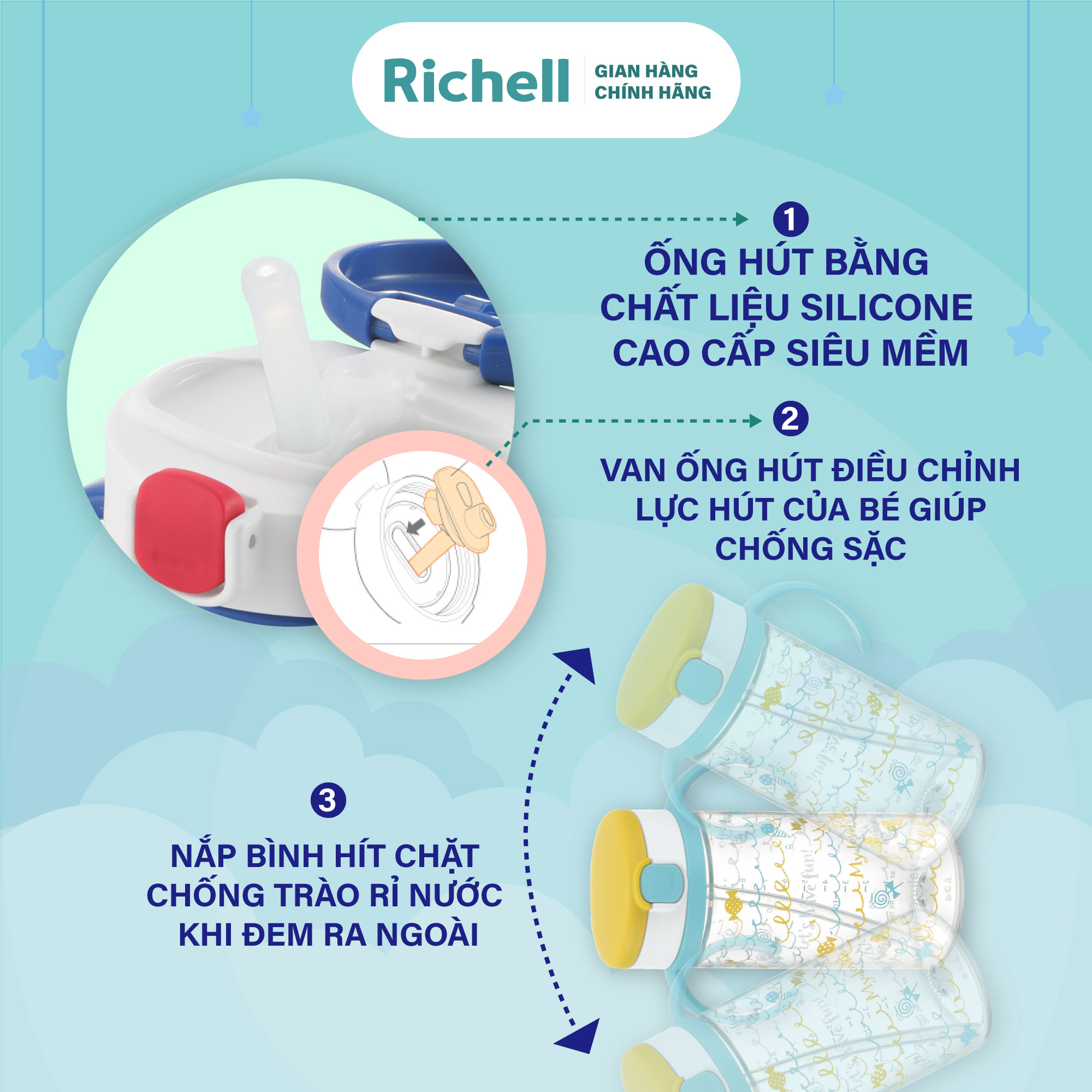 Bộ cốc tập uống 3 giai đoạn AQ &amp; bình ống hút AQ Richell Nhật Bản | Baby