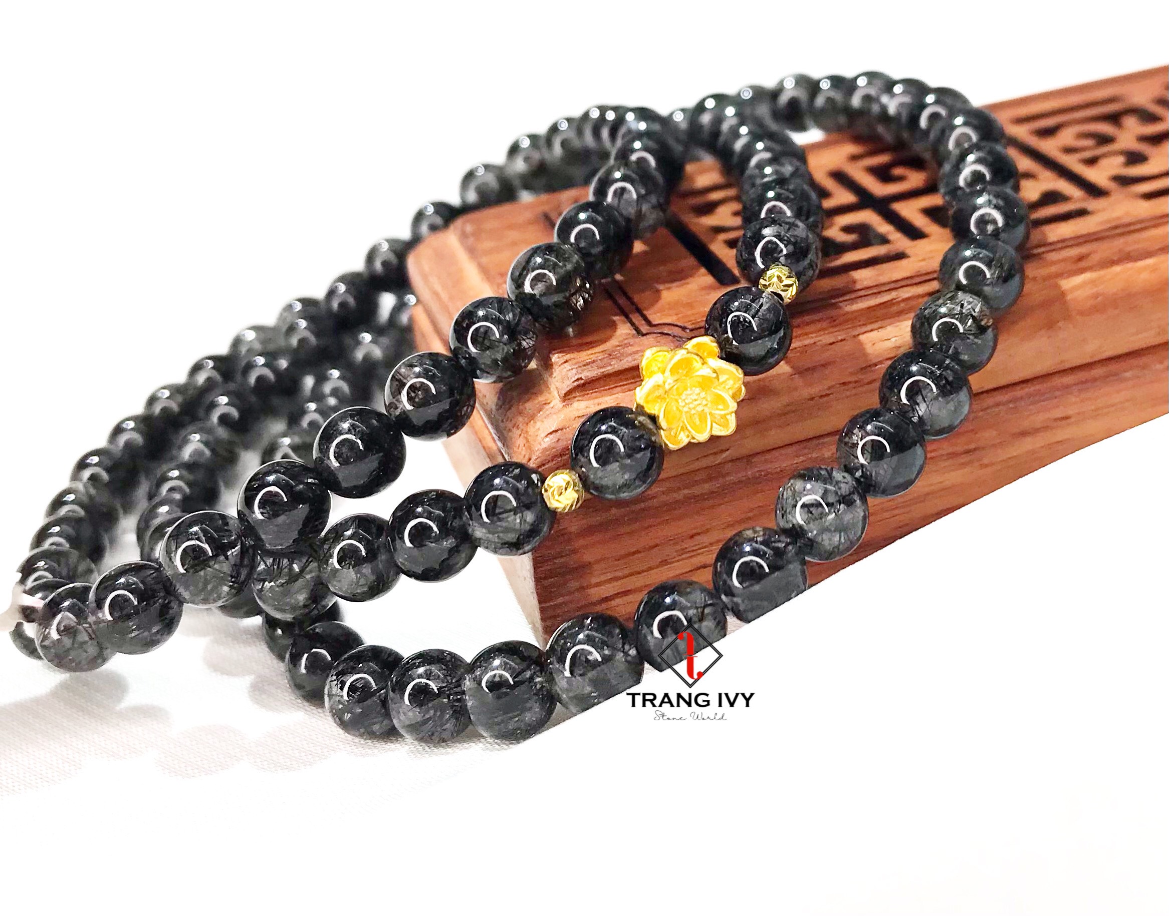 Vòng tay thạch anh tóc đen mix Hoa sen vàng 24k