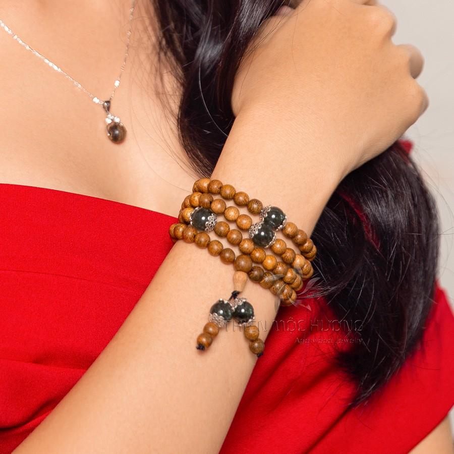 Vòng tay trầm hương tự nhiên 108 hạt mix Đá Phong Thủy - Trầm Tốc - An yên, đoạn trừ 108 phiền não