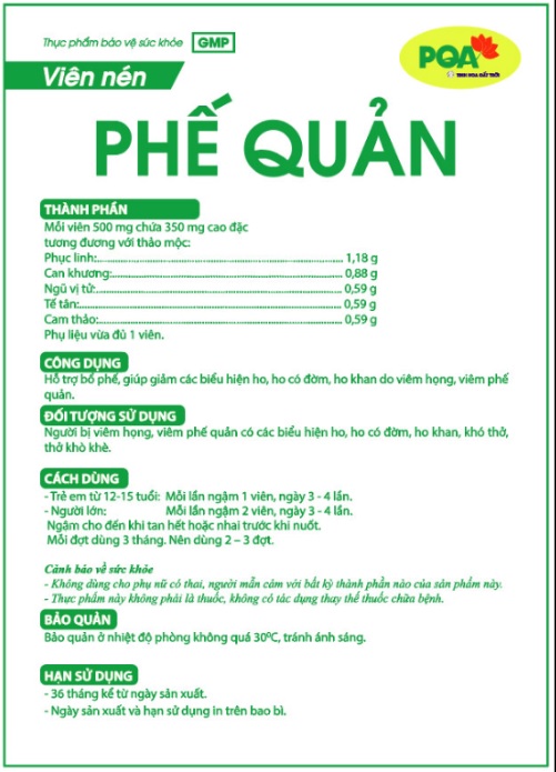 PQA Viên nén Phế Quản là dược phẩm thảo dược hỗ trợ bổ phế giúp ngăn ngừa các biểu hiện ho, ho có đờm, ho khan do viêm họng, viêm phế quản.