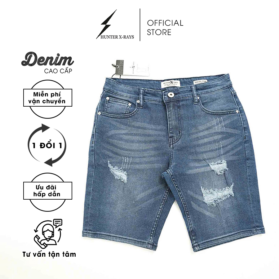 Quần Short Jeans Nam Rách Cao Cấp HUNTER X-RAYS Form Slimfit Thun Màu Xanh  S70