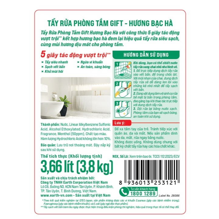 Nước rửa nhà tắm Gift Bạc hà 3,8kg