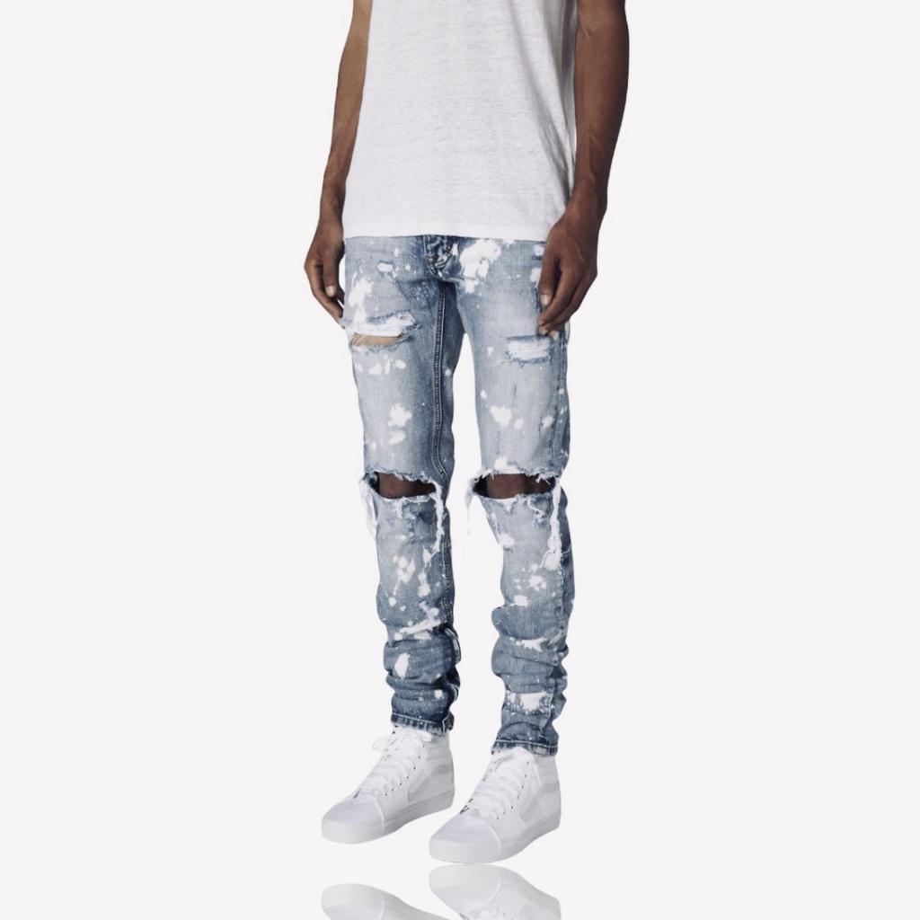 Quần Jean Nam The Luyn Black Màu Xanh Indigo Rách Gối Phối Đốm Trắng Phong Cách Streetwear Bụi Bặm