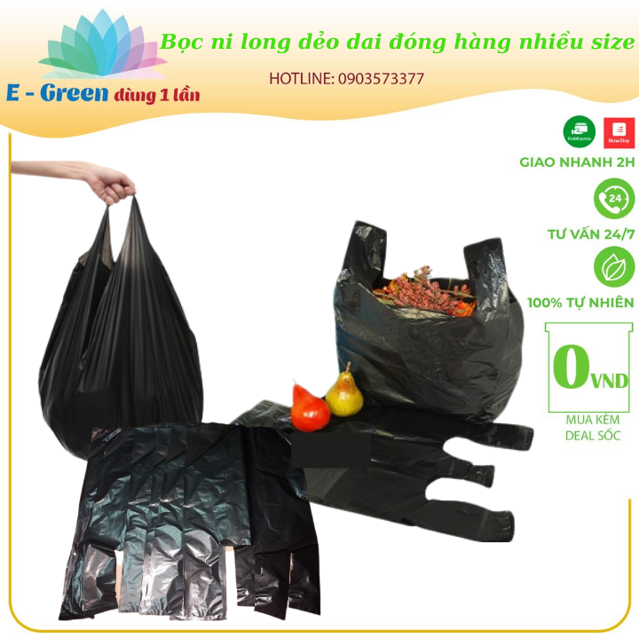 Bịch nilon, bọc nilon quai xách màu đen dẻo dai đựng rác, đóng hàng nhiều size - 1kg - E Green Dùng 1 Lần