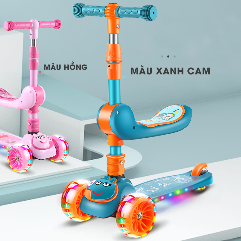Xe trượt scooter 3 bánh cao cấp dành cho bé, phát nhạc, bánh xe phát sáng vĩnh cửu, rèn luyện vận động, tăng chiều cao cho bé, chịu lực lên tới 90kg