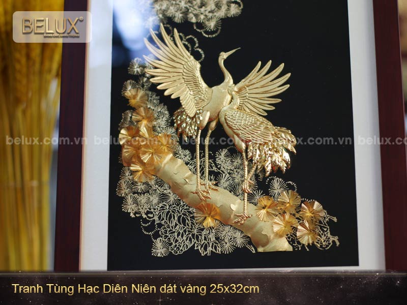 Tranh Tùng Hạc diên niên dát vàng 24k - quà mừng thọ, mừng sinh nhật