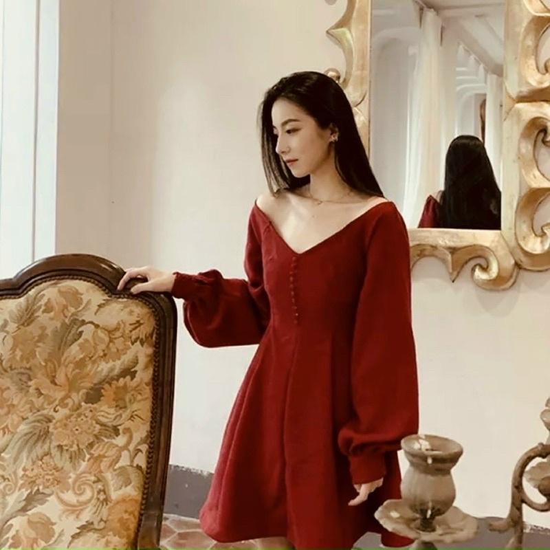 Đầm cổ V tay dài nút bọc ĐẦMCÔNG SỞ