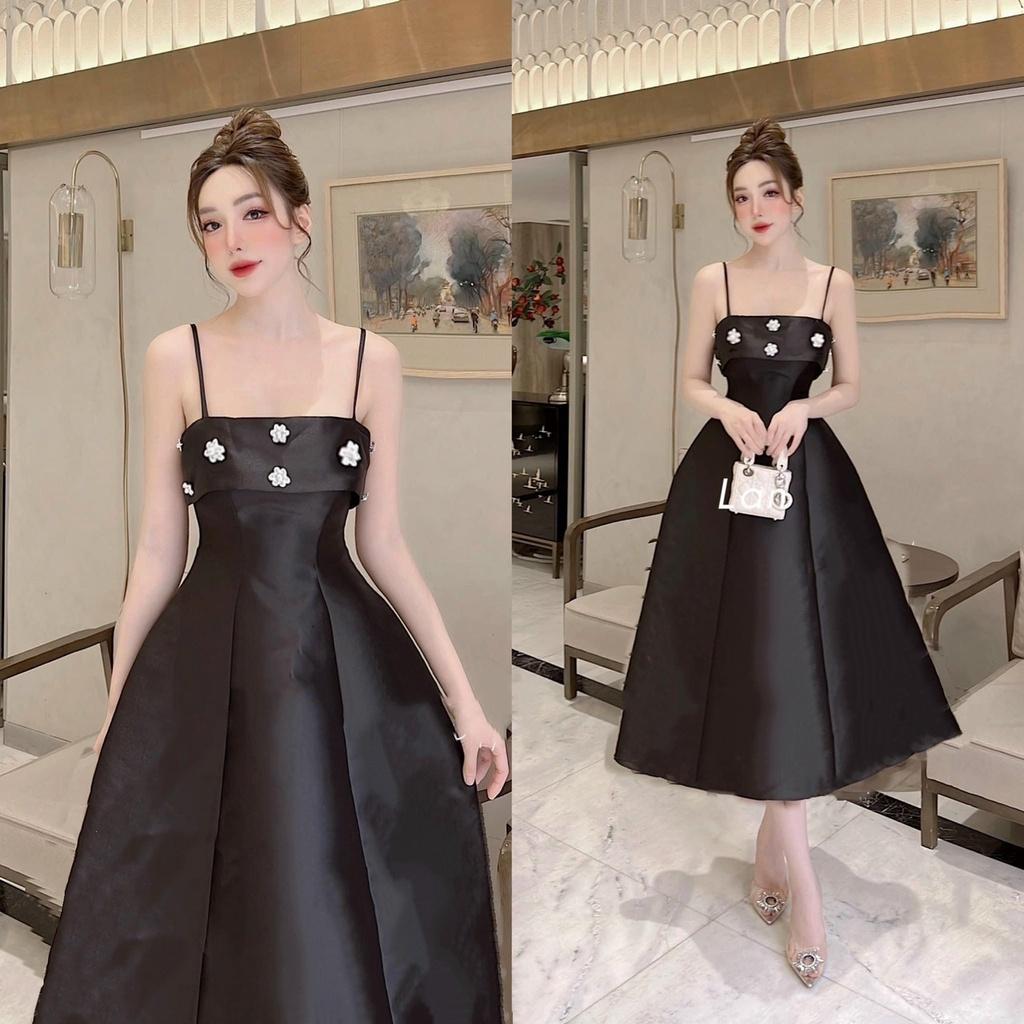 Đầm midi đỏ 2 dây đính đá hoa ngực dáng xòe dự tiệc cưới