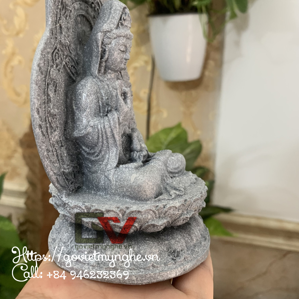 Tượng đá Quan Thế Âm Bồ Tát ngồi đài sen + chữ "Phật" - Chiều cao 15cm - Màu xám