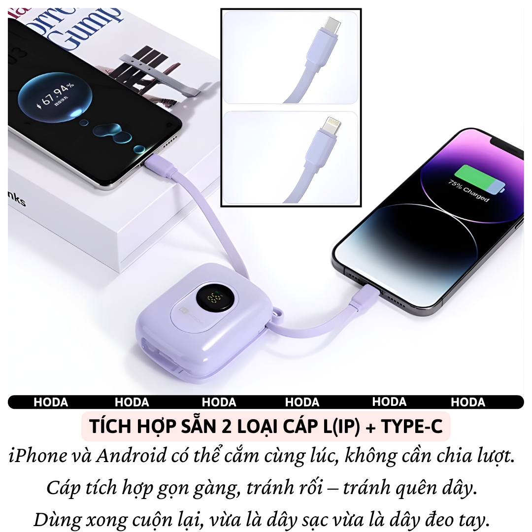 Pin Sạc Dự Phòng HODA SafeCharge Multi-Protect 10.000mAh sạc Nhanh PD 22.5W, Tích Hợp Cáp Type-C &amp; L(iP) Sạc 3 Thiết Bị, 8 lớp bảo vệ an toàn – sạc mát, không hại pin - Hàng nhập khẩu