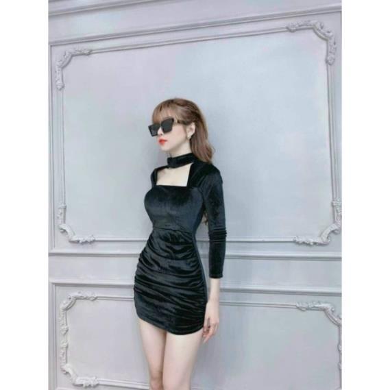 TSL Ảnh thật Đầm body khoét ngực, dây cổ tay dài màu đen thời trang Tasa