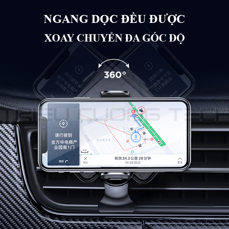 Giá Đỡ Điện Thoại Xe Hơi Ô Tô Hợp Kim Nhôm - Nút Ấn Thông Minh - Tư Do Xoay Chuyển 360 Độ - Kẹp Cánh Thông Gió Điều Hòa Hoặc Dùng Đế Hit Kèm Theo - Mini Nhỏ Gọn Tiện Lợi - Hàng Chính Hãng