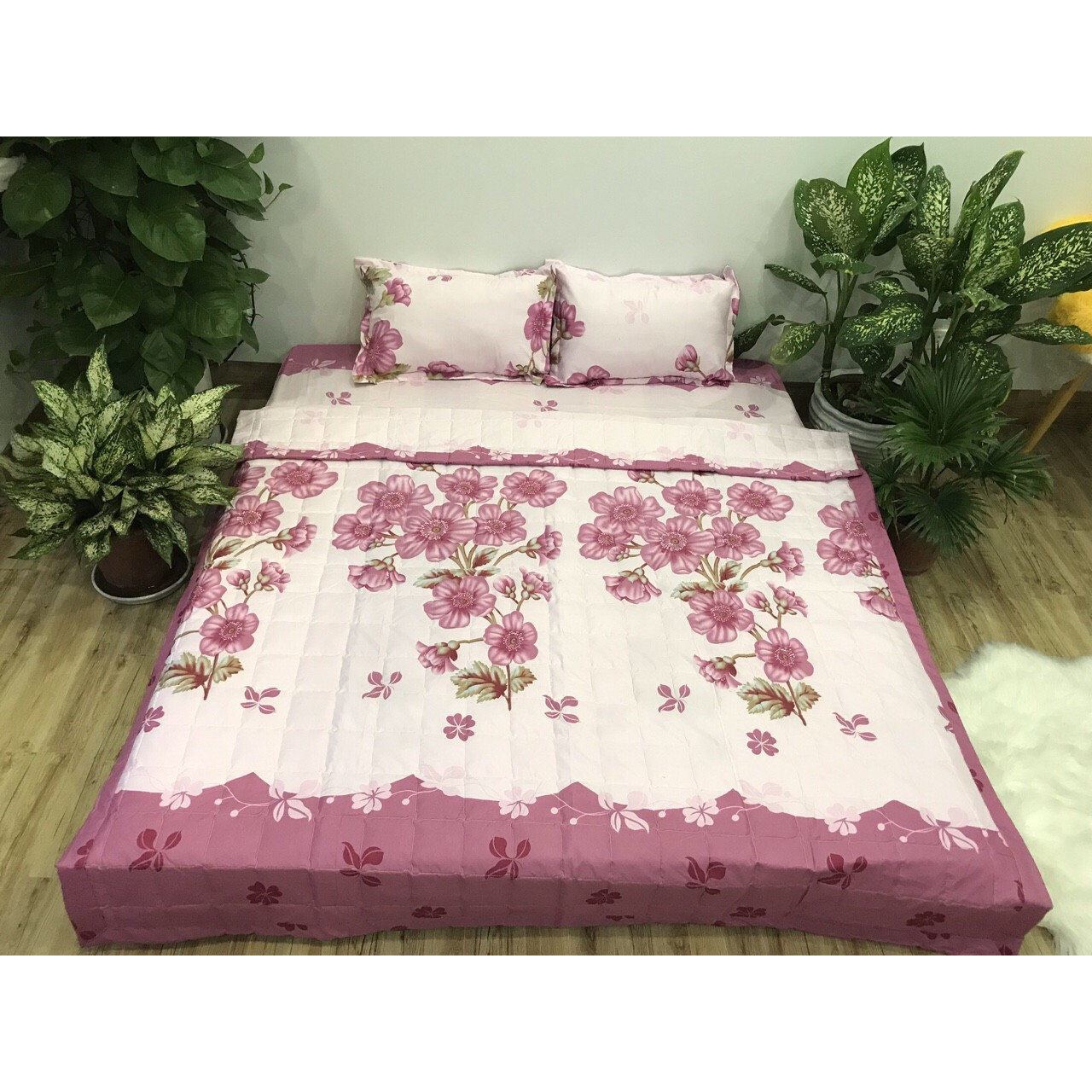 BỘ DRAP & CHĂN HÈ CHẦN BÔNG 5 MÓN ZD - HOA ĐÀO HỒNG