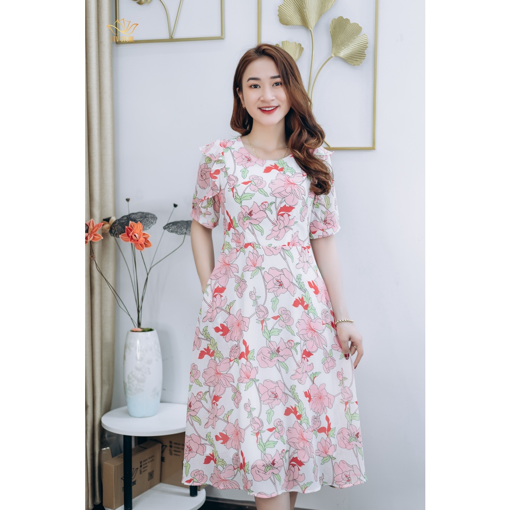 Đầm xòe thiết kế trung niên cao cấp sang trọng Cổ tròn tay bèo lỡ màu Trắng hoa hồng TTV STORE TTV1255