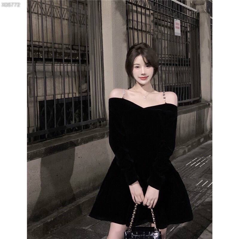 ĐẦM NHUNG SUÔNG TRƠN DÂY TRỄ VAI DỰ TIỆC GIÁNG SINH NOEL ĐEN