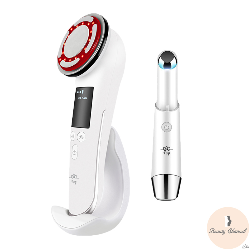 Máy Massage Mặt Làm Đẹp Da 5 in 1 – Photon Nóng Lạnh – EMS Nâng Cơ – Xung Điện Massage Giúp Rửa Sạch Da Mặt, Tăng Cường Hấp Thụ &amp; Khóa Giữ Chất Dưỡng Săn Chắc Làn Da Kèm Máy Massage Mắt Mini Loại Bỏ Quầng Thâm