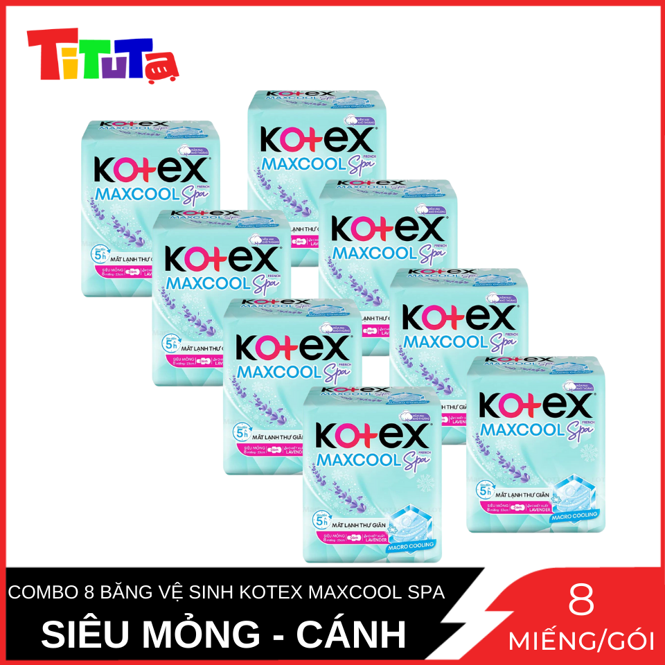 Combo 8 Băng Vệ Sinh Siêu Mỏng Không Cánh 23cm 8 Miếng Kotex MaxCool Mặt Bông Mềm Mại