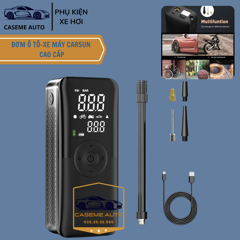 Bơm Lốp Ô Tô - Xe Máy Mini Không Dây CARSUN C3106, Pin Sạc 4000mAh, Áp Suất 150PSI, Có Đèn LED Chiếu Sáng, Đèn Cảnh Báo, Kiêm Sạc Dự Phòng Cao Cấp
