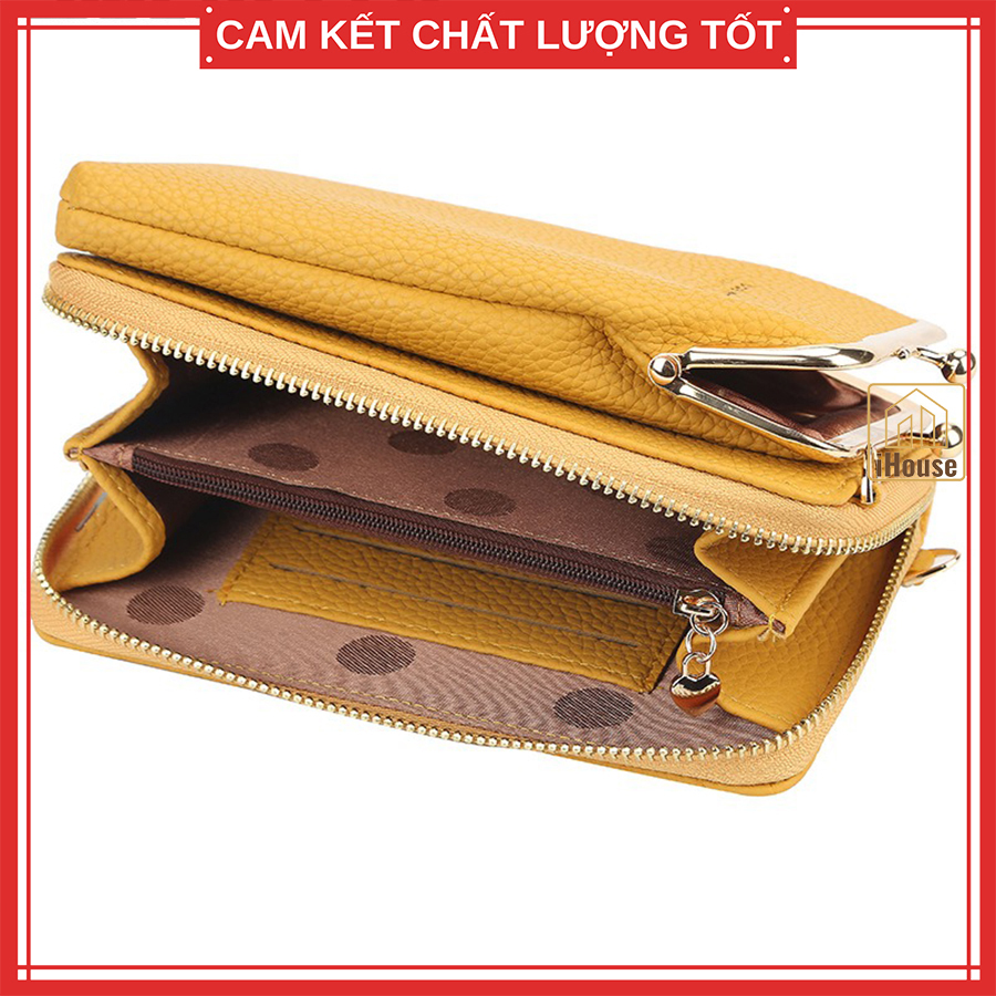 Túi ví dọc nữ có dây đeo vai cao cấp, Cluth clutch dọc da nữ để điện thoại màu xanh lơ, vàng, hồng nhạt cute