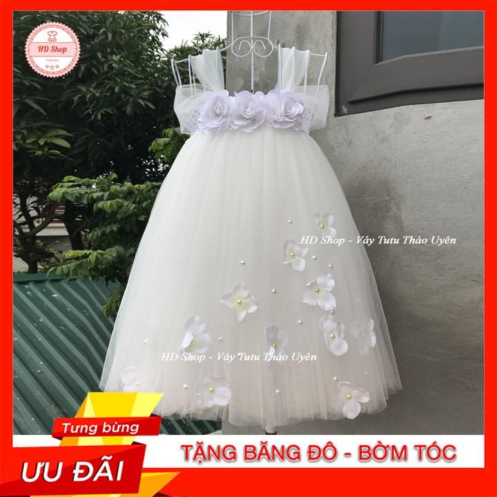 Đầm cho bé gái ️️ Đầm trắng hoa hồng quai trễ cho bé gái