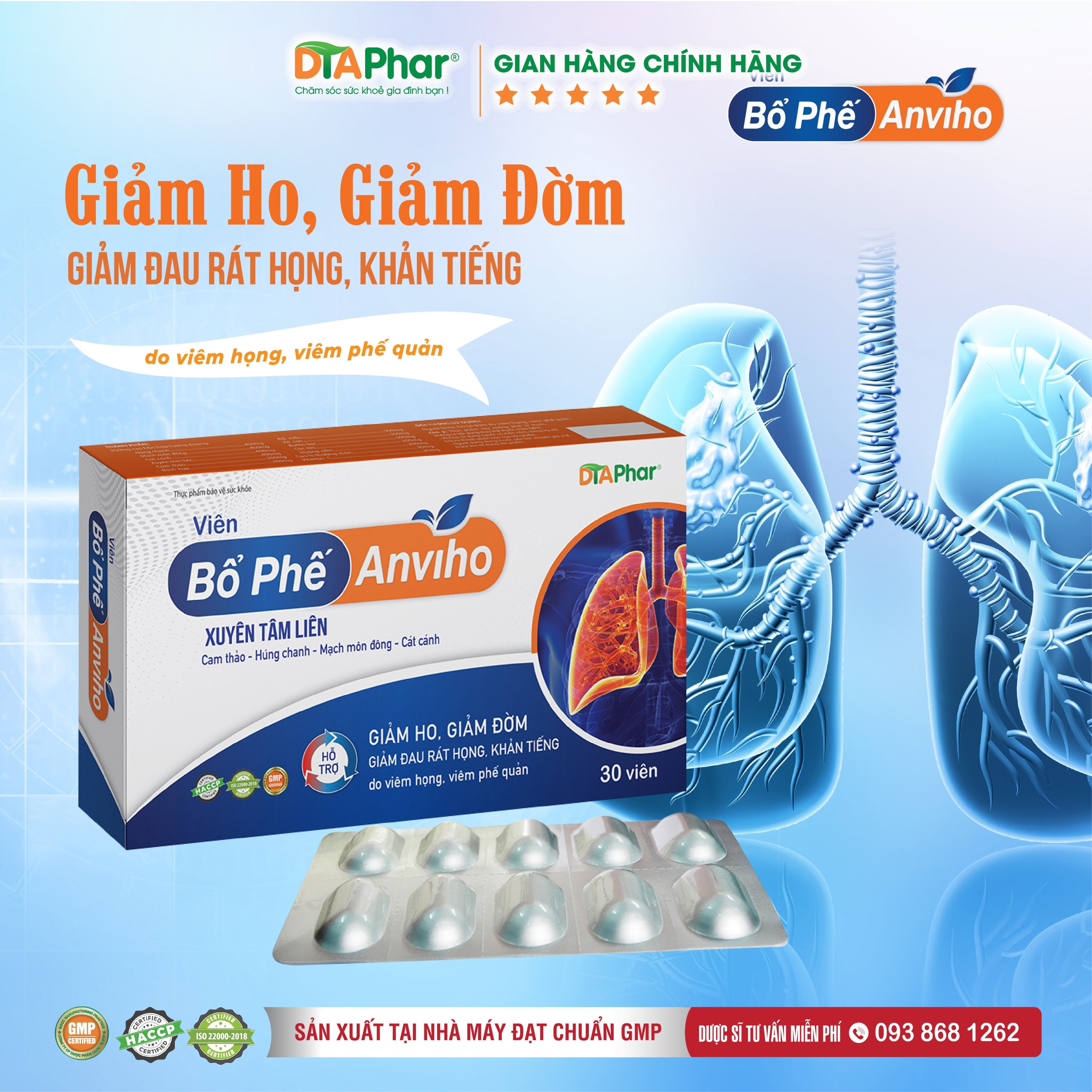 Viên bổ phế Anviho Hỗ trợ giảm ho đau rát họng Hộp 30v Tâm An Pharma