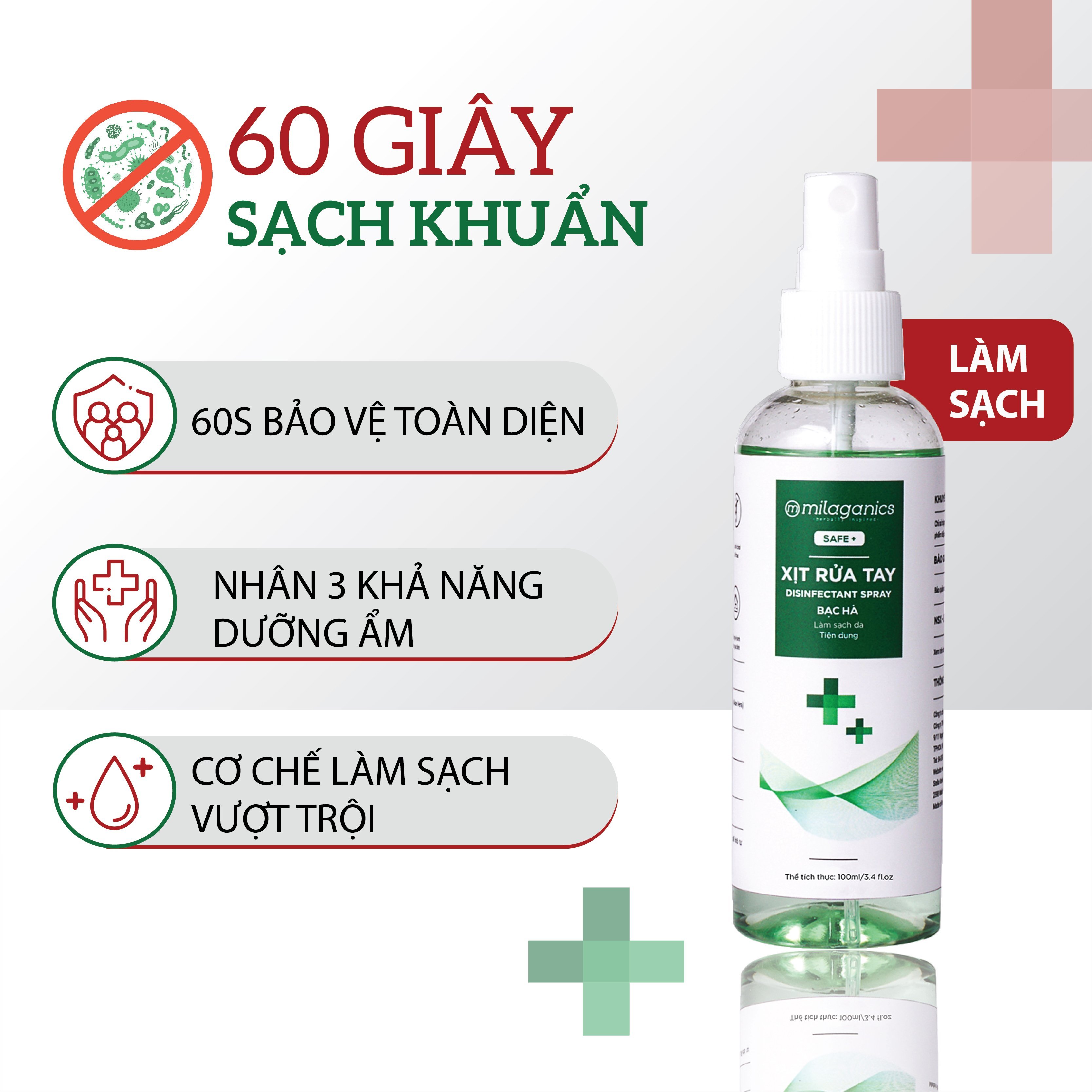 Xịt Rửa Tay Bạc Hà Làm Sạch Vượt Trội, X3 Dưỡng Ẩm Không Gây Khô Da MILAGANICS 50ml (Chai)