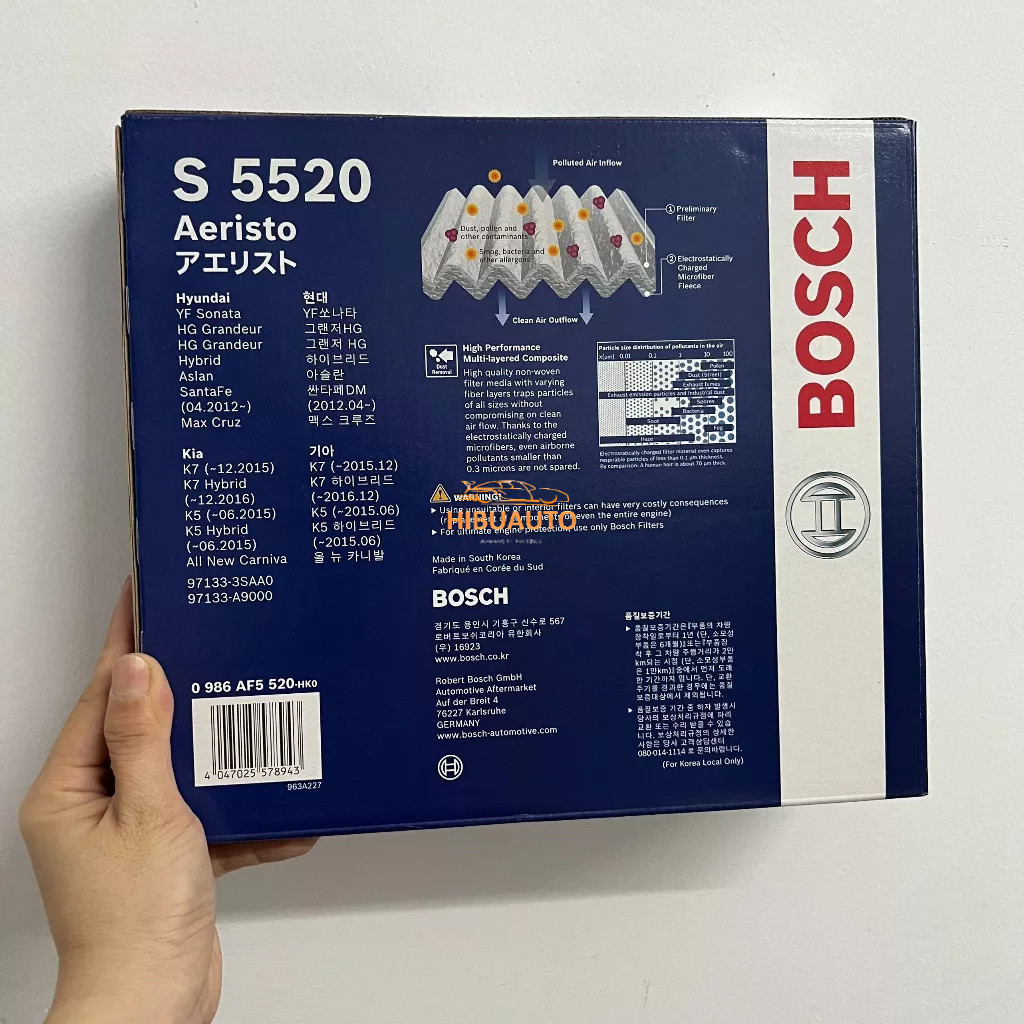 Lọc Điều Hòa Loại Tiêu Chuẩn BOSCH Ariesto S5520 Cho Xe Hyundai Santafe, Sonata, Kia Optima/K5, Sedona/Carnival..