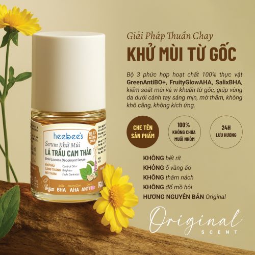 Serum Khử Mùi Thảo Dược Thuần Chay Lá Trầu Cam Thảo Heebee’s Lăn Khử Mùi, Sáng Mịn, Mờ Thâm, Ngăn Mùi 12H 30ml
