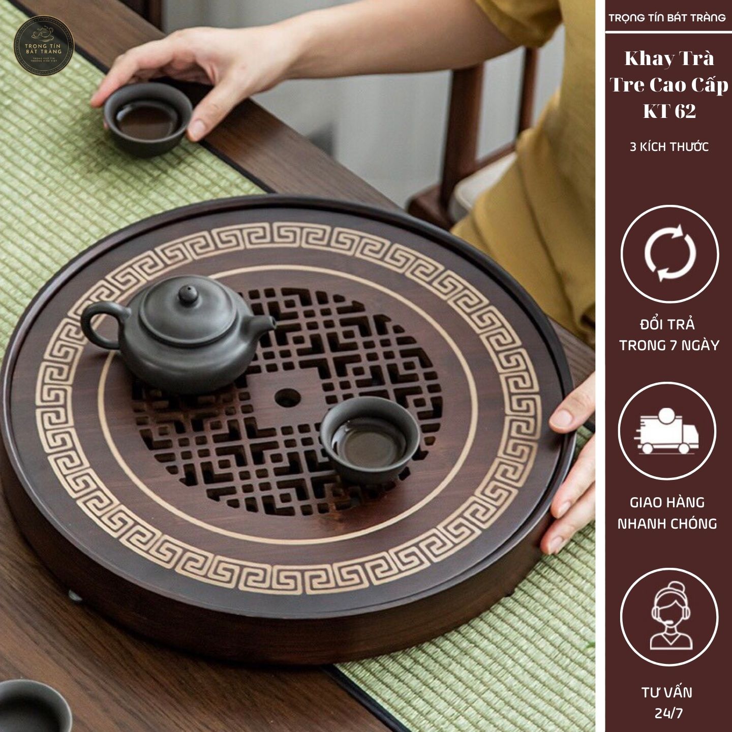 Khay Trà Tre Cao Cấp Hình Tròn 3 Kích Thước KT 62