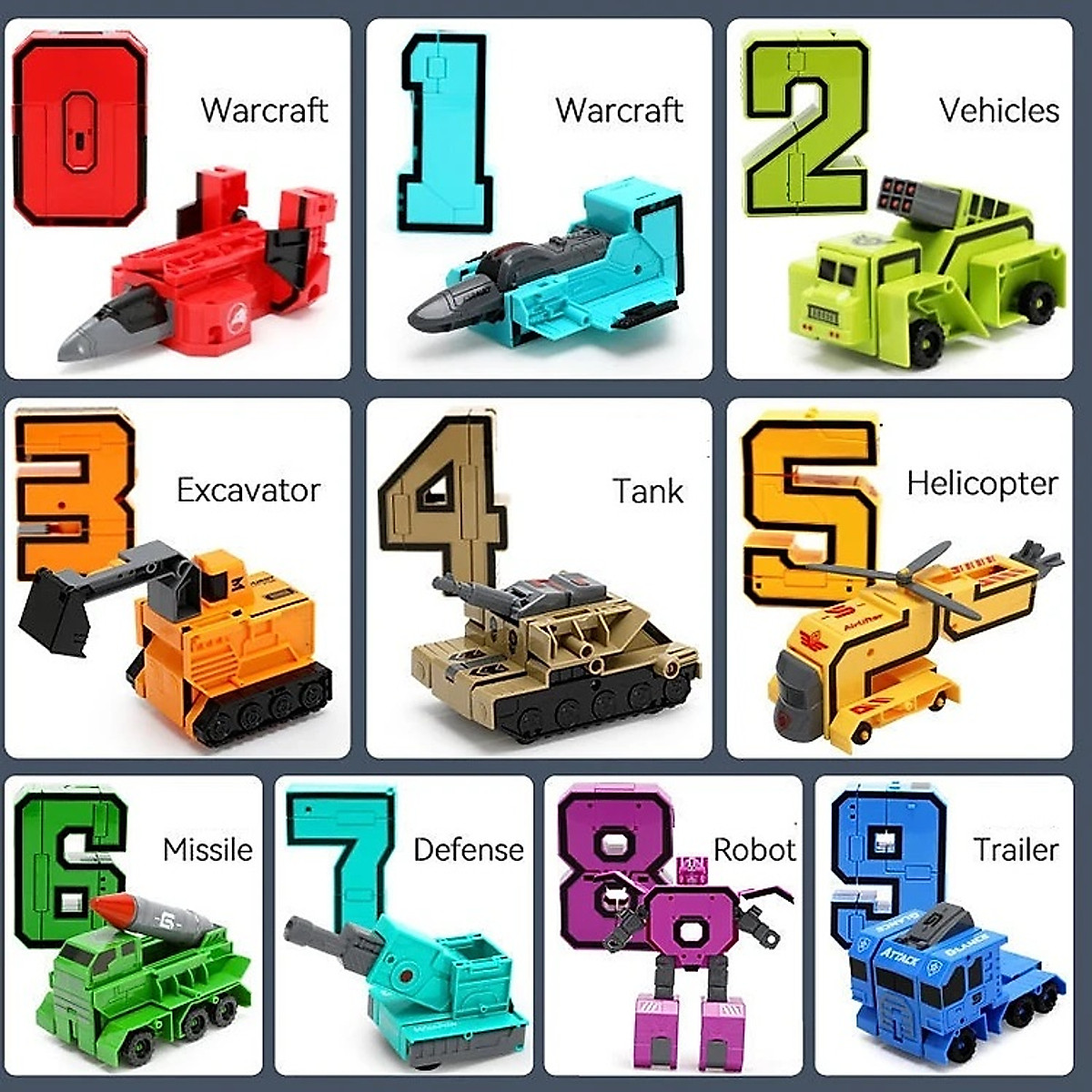 Bộ đồ chơi xếp hình lắp ráp mô hình ô tô, xe cẩu, xe tăng, máy xúc, máy bay từ các chữ số từ 0 đến 9, có thể lắp ráp thành siêu nhân rô bốt, thỏa sức sáng tạo và nhận diện chữ số (HÀNG LOẠI ĐẠI)