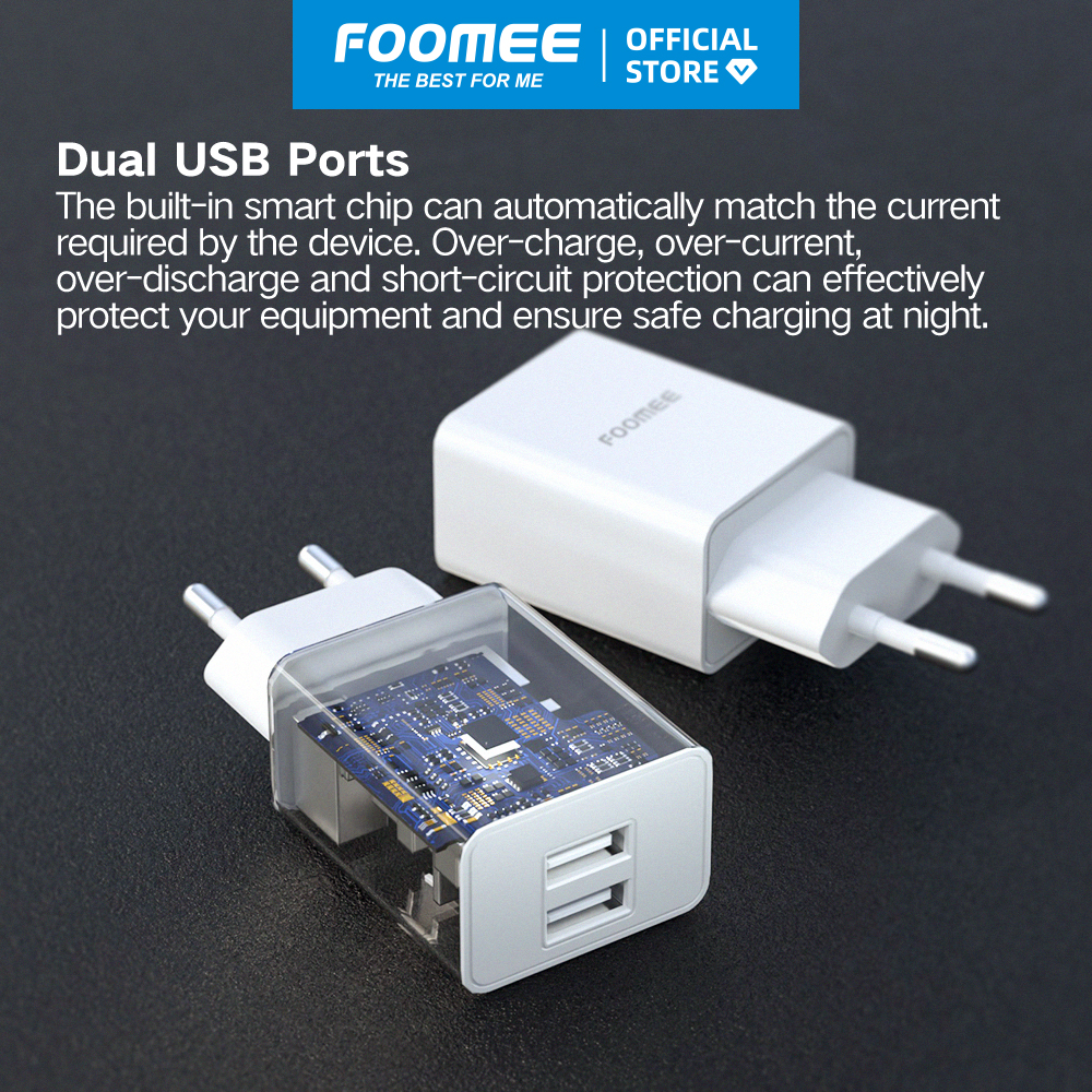 Củ sạc 2 cổng USB FOOMEE CC26 - Màu Trắng/Đen - Sạc An Toàn 2 Thiết Bị Cùng Lúc - Hàng chính hãng