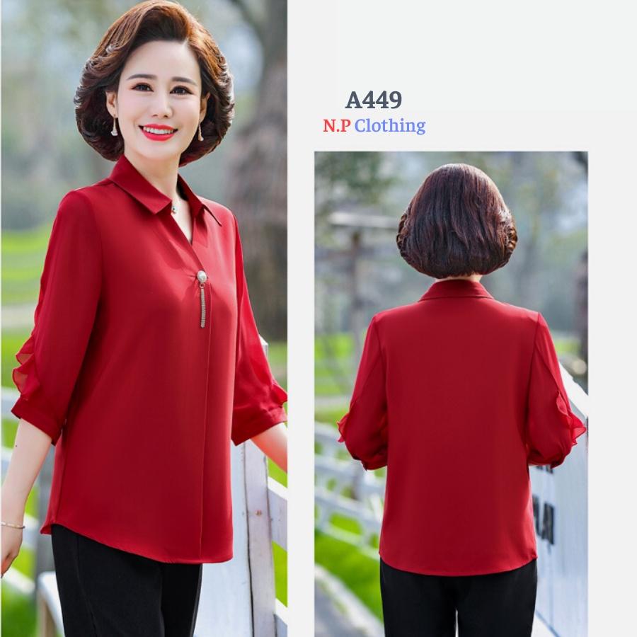 Áo Trung Niên Nữ A449, Mẫu Áo Trung Niên Cổ Sơ Mi Tay Lỡ Kèm Phụ Kiện Trang Nhã | Thời Trang Trung Tuổi U50