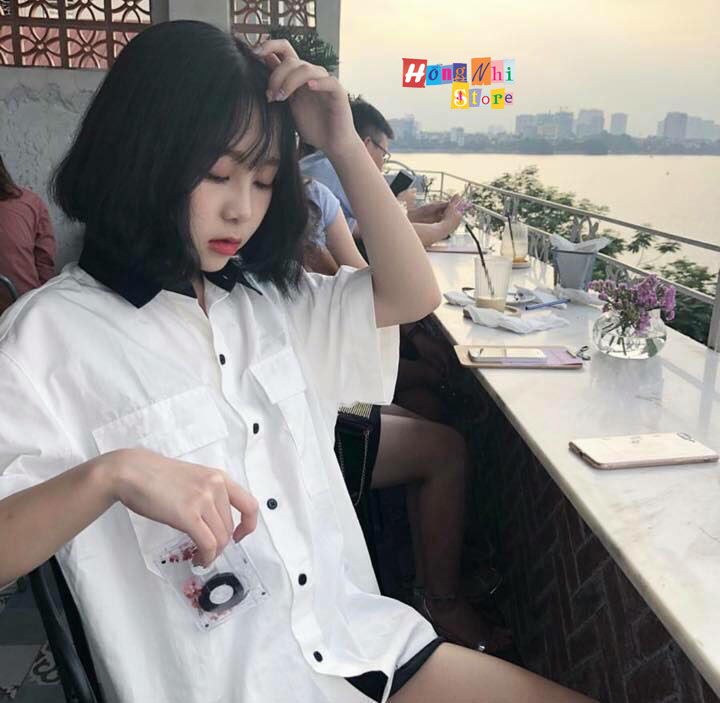 Sơ Mi Tay Lỡ Dáng Rộng Unisex Phối Cổ 2 Túi Màu Trắng - Sơ Mi Mix Tay Lỡ - MM