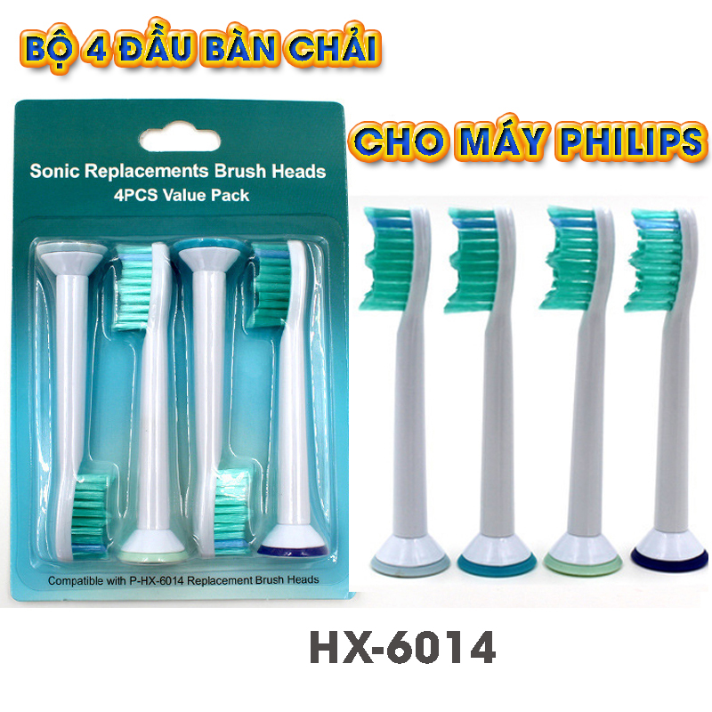 Cho máy Philips Sonicare, Bộ 4 đầu bàn chải đánh răng điện HX-6014, dòng máy HX3, HX6, HX7, HX8, HX9, R, FlexCare +, FlexCare, HealthyWhite, HydroClean, EasyClean, DiamondClean-Phá tan mảng bám, cho răng sáng bóng